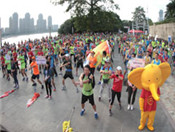 选手与小金象一起热身