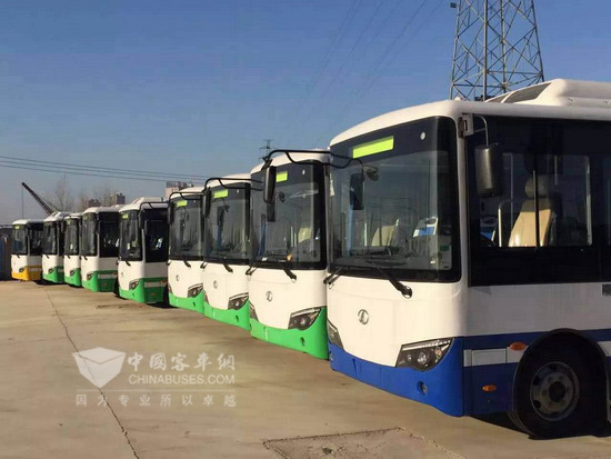 江苏滨海县整齐停放的南京金龙微公交