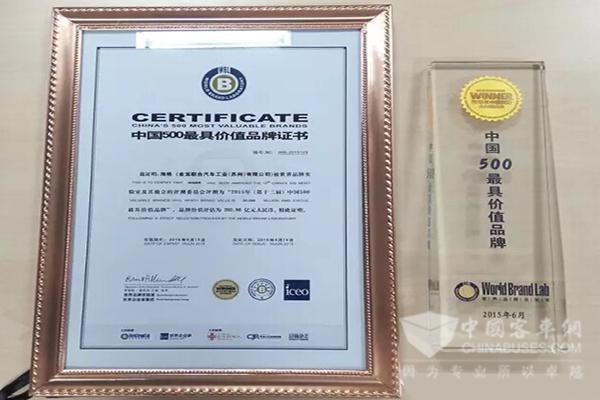 中国500最具价值品牌证书