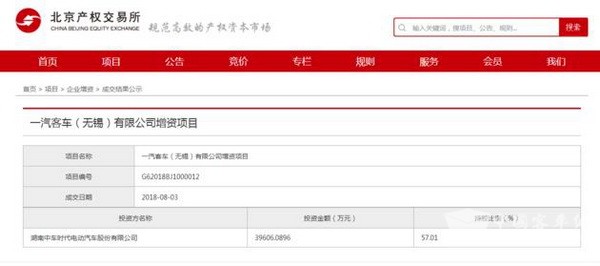 中车电动成为一汽客车控股股东 将持股57.01%
