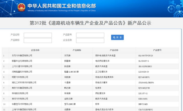 294款新能源汽车申报第312批《公告》