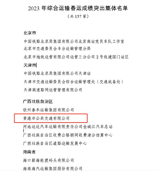 贵港交投集团 公交公司 综合运输 春运成绩 突出集体