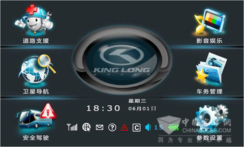 “金龙车载电脑信息系统”采用7寸触摸屏，操作便捷，专属的图标设计，美观大方